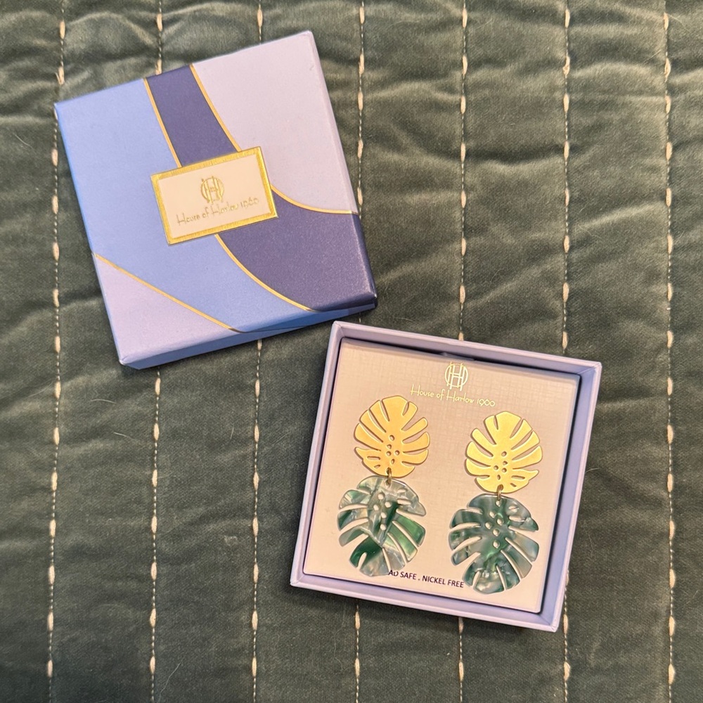 House of Harlow 1960 Gold and Teal Leaf Earrings